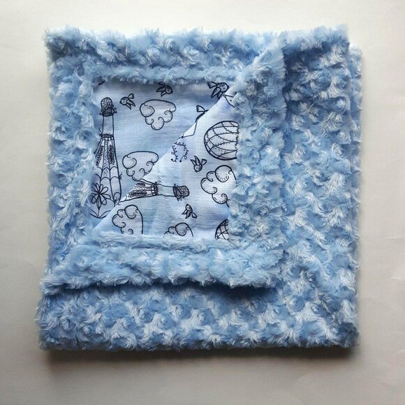 NEW! Pastel Blue Hot Air Balloons Birds Baby Toddler Minky Cotton Gauze Blanket - Picture 9 of 12